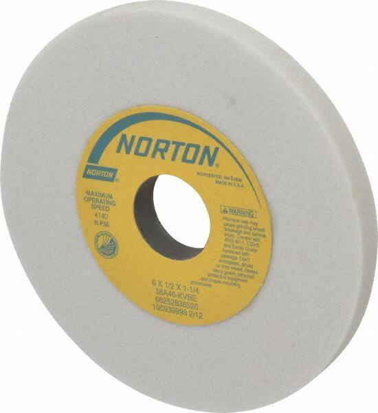 Norton - 6" Diam x 1-1/4" Hole x 1/2" Thick, K Hardness, 46 Grit Surface Grinding Wheel - Aluminum Oxide, Type 1, Coarse Grade, 4,140 Max RPM, Vitrified Bond, No Recess - Exact Tool & Supply