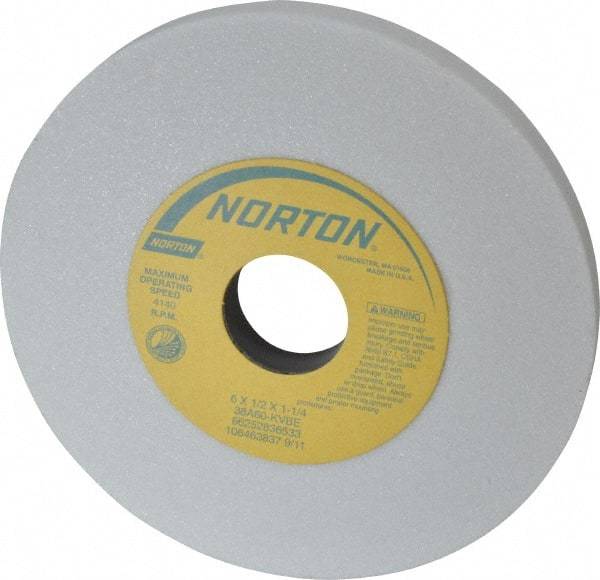 Norton - 6" Diam x 1-1/4" Hole x 1/2" Thick, K Hardness, 60 Grit Surface Grinding Wheel - Aluminum Oxide, Type 1, Medium Grade, 4,140 Max RPM, Vitrified Bond, No Recess - Exact Tool & Supply