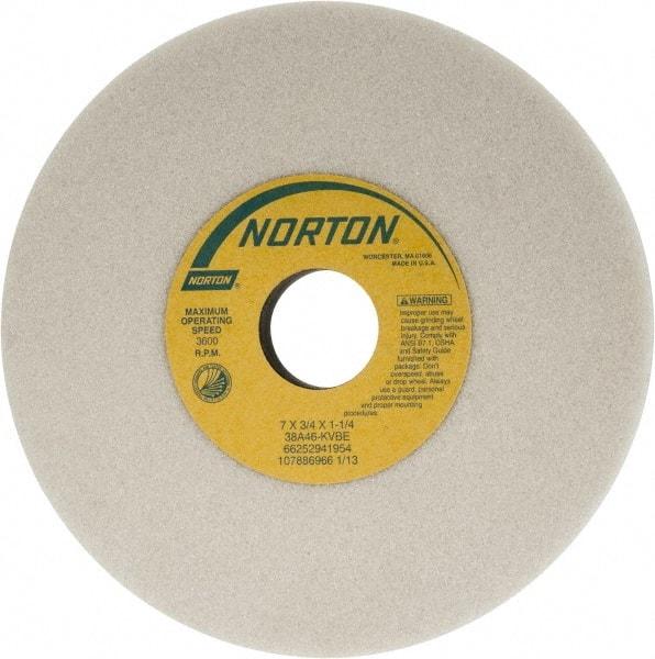 Norton - 7" Diam x 1-1/4" Hole x 3/4" Thick, K Hardness, 46 Grit Surface Grinding Wheel - Aluminum Oxide, Type 1, Coarse Grade, 3,600 Max RPM, Vitrified Bond, No Recess - Exact Tool & Supply