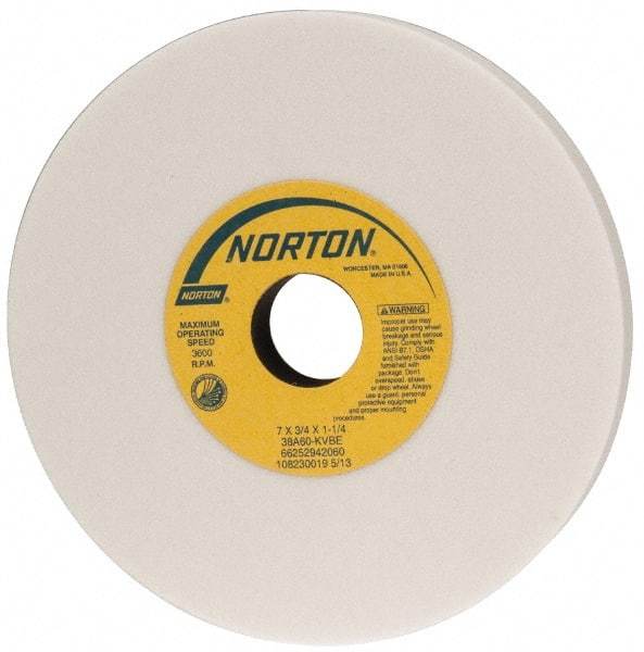 Norton - 7" Diam x 1-1/4" Hole x 3/4" Thick, K Hardness, 60 Grit Surface Grinding Wheel - Aluminum Oxide, Type 1, Medium Grade, 3,600 Max RPM, Vitrified Bond, No Recess - Exact Tool & Supply
