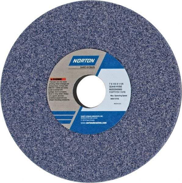 Norton - 7" Diam x 1-1/4" Hole x 1/2" Thick, H Hardness, 46 Grit Surface Grinding Wheel - Aluminum Oxide, Type 1, Coarse Grade, 3,600 Max RPM, Vitrified Bond, No Recess - Exact Tool & Supply