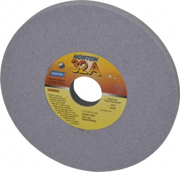 Norton - 7" Diam x 1-1/4" Hole x 1/2" Thick, I Hardness, 80 Grit Surface Grinding Wheel - Aluminum Oxide, Type 1, Medium Grade, 3,600 Max RPM, Vitrified Bond, No Recess - Exact Tool & Supply