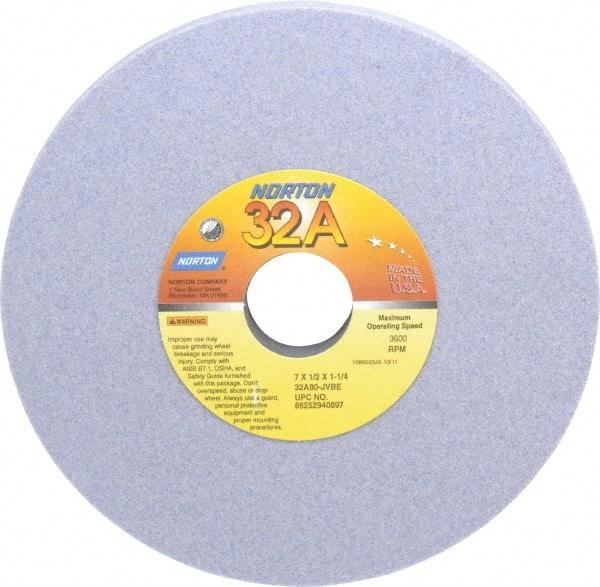 Norton - 7" Diam x 1-1/4" Hole x 1/2" Thick, J Hardness, 80 Grit Surface Grinding Wheel - Aluminum Oxide, Type 1, Medium Grade, 3,600 Max RPM, Vitrified Bond, No Recess - Exact Tool & Supply