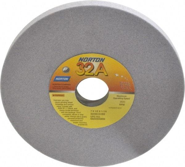 Norton - 7" Diam x 1-1/4" Hole x 1/2" Thick, K Hardness, 80 Grit Surface Grinding Wheel - Aluminum Oxide, Type 1, Medium Grade, 3,600 Max RPM, Vitrified Bond, No Recess - Exact Tool & Supply