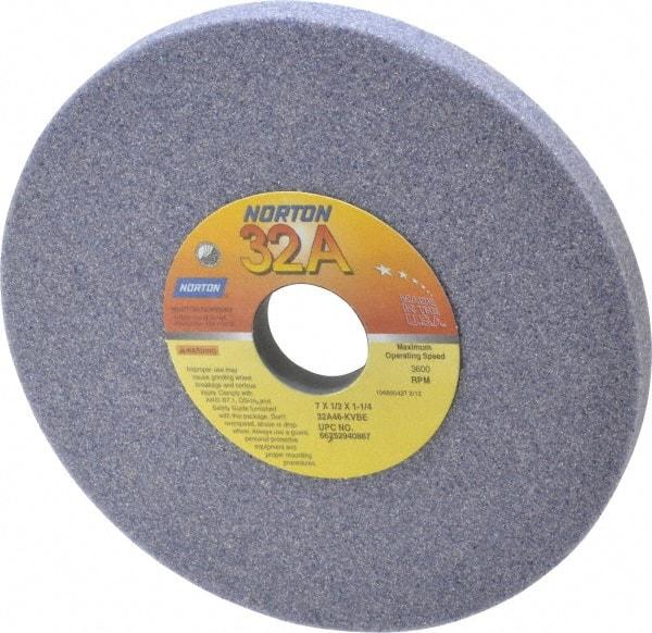 Norton - 7" Diam x 1-1/4" Hole x 1/2" Thick, K Hardness, 46 Grit Surface Grinding Wheel - Aluminum Oxide, Type 1, Coarse Grade, 3,600 Max RPM, Vitrified Bond, No Recess - Exact Tool & Supply