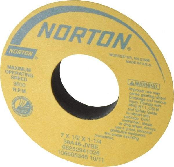 Norton - 7" Diam x 1-1/4" Hole x 1/2" Thick, J Hardness, 46 Grit Surface Grinding Wheel - Aluminum Oxide, Type 1, Coarse Grade, 3,600 Max RPM, Vitrified Bond, No Recess - Exact Tool & Supply