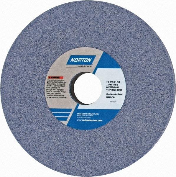 Norton - 7" Diam x 1-1/4" Hole x 1/2" Thick, I Hardness, 60 Grit Surface Grinding Wheel - Aluminum Oxide, Type 1, Medium Grade, 3,600 Max RPM, Vitrified Bond, No Recess - Exact Tool & Supply