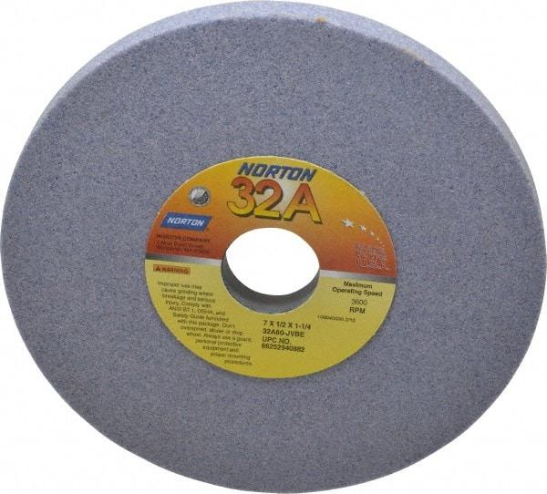 Norton - 7" Diam x 1-1/4" Hole x 1/2" Thick, J Hardness, 60 Grit Surface Grinding Wheel - Aluminum Oxide, Type 1, Medium Grade, 3,600 Max RPM, Vitrified Bond, No Recess - Exact Tool & Supply