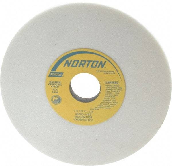 Norton - 7" Diam x 1-1/4" Hole x 1/2" Thick, J Hardness, 60 Grit Surface Grinding Wheel - Aluminum Oxide, Type 1, Medium Grade, 3,600 Max RPM, Vitrified Bond, No Recess - Exact Tool & Supply