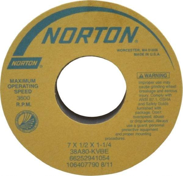 Norton - 7" Diam x 1-1/4" Hole x 1/2" Thick, K Hardness, 80 Grit Surface Grinding Wheel - Aluminum Oxide, Type 1, Medium Grade, 3,600 Max RPM, Vitrified Bond, No Recess - Exact Tool & Supply
