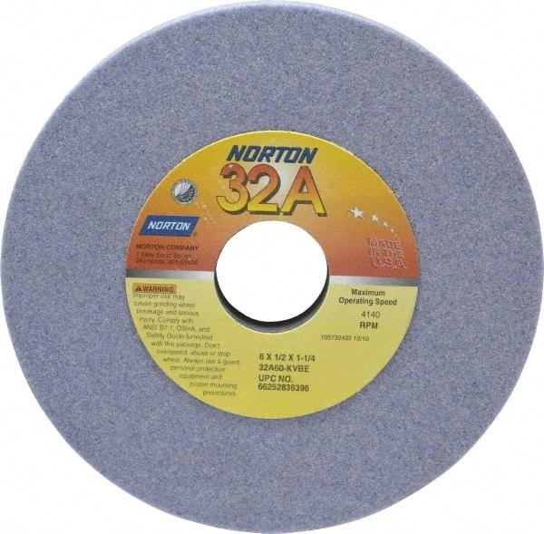 Norton - 6" Diam x 1-1/4" Hole x 1/2" Thick, K Hardness, 60 Grit Surface Grinding Wheel - Aluminum Oxide, Type 1, Medium Grade, 4,140 Max RPM, Vitrified Bond, No Recess - Exact Tool & Supply