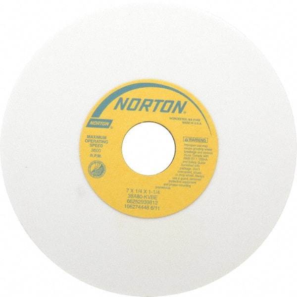 Norton - 7" Diam x 1-1/4" Hole x 1/4" Thick, K Hardness, 80 Grit Surface Grinding Wheel - Aluminum Oxide, Type 1, Medium Grade, 3,600 Max RPM, Vitrified Bond, No Recess - Exact Tool & Supply