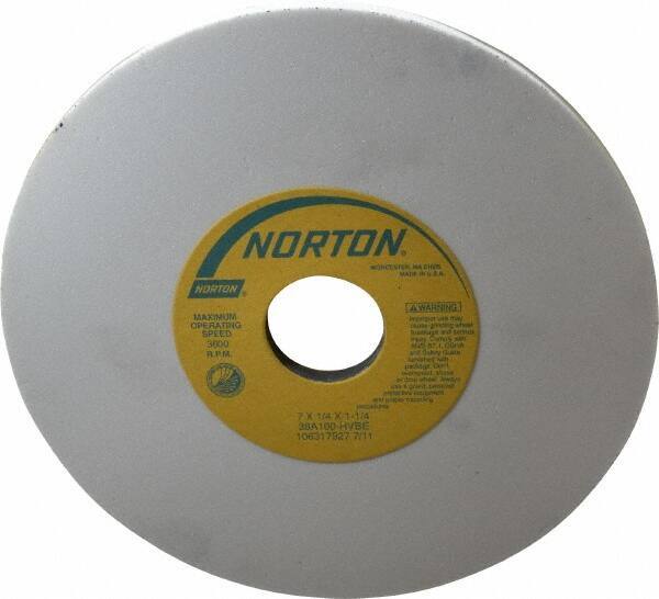 Norton - 7" Diam x 1-1/4" Hole x 1/4" Thick, H Hardness, 100 Grit Surface Grinding Wheel - Aluminum Oxide, Type 1, Fine Grade, 3,600 Max RPM, Vitrified Bond, No Recess - Exact Tool & Supply