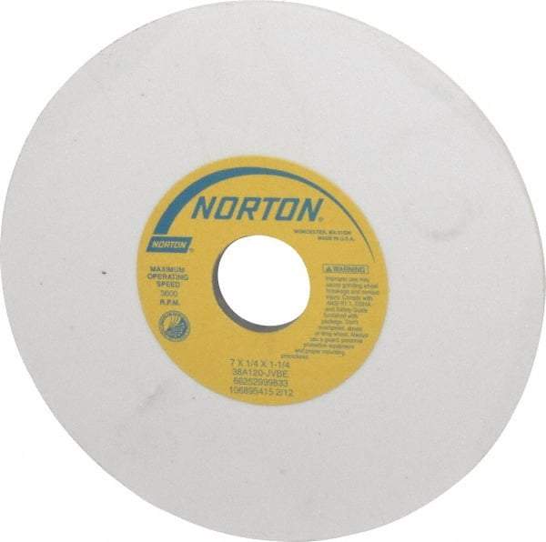 Norton - 7" Diam x 1-1/4" Hole x 1/4" Thick, J Hardness, 120 Grit Surface Grinding Wheel - Aluminum Oxide, Type 1, Fine Grade, 3,600 Max RPM, Vitrified Bond, No Recess - Exact Tool & Supply