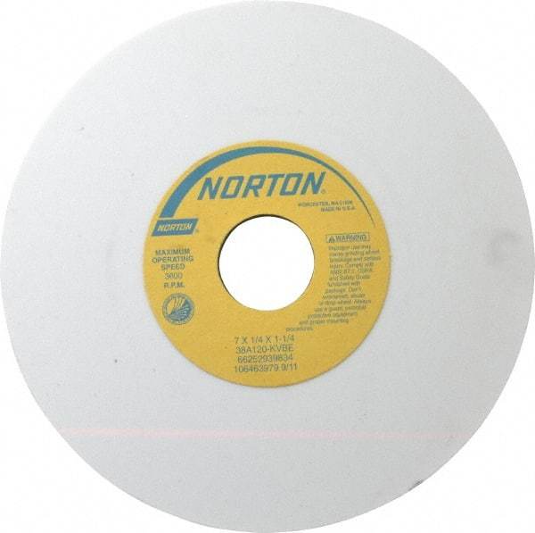 Norton - 7" Diam x 1-1/4" Hole x 1/4" Thick, K Hardness, 120 Grit Surface Grinding Wheel - Aluminum Oxide, Type 1, Fine Grade, 3,600 Max RPM, Vitrified Bond, No Recess - Exact Tool & Supply