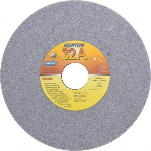 Norton - 7" Diam x 1-1/4" Hole x 1/4" Thick, H Hardness, 46 Grit Surface Grinding Wheel - Aluminum Oxide, Type 1, Coarse Grade, 3,600 Max RPM, Vitrified Bond, No Recess - Exact Tool & Supply