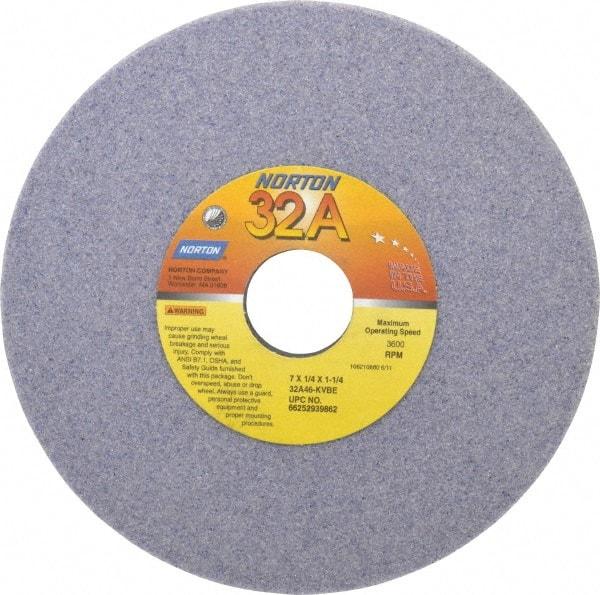 Norton - 7" Diam x 1-1/4" Hole x 1/4" Thick, K Hardness, 46 Grit Surface Grinding Wheel - Aluminum Oxide, Type 1, Coarse Grade, 3,600 Max RPM, Vitrified Bond, No Recess - Exact Tool & Supply