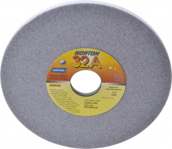 Norton - 7" Diam x 1-1/4" Hole x 1/4" Thick, J Hardness, 60 Grit Surface Grinding Wheel - Aluminum Oxide, Type 1, Medium Grade, 3,600 Max RPM, Vitrified Bond, No Recess - Exact Tool & Supply