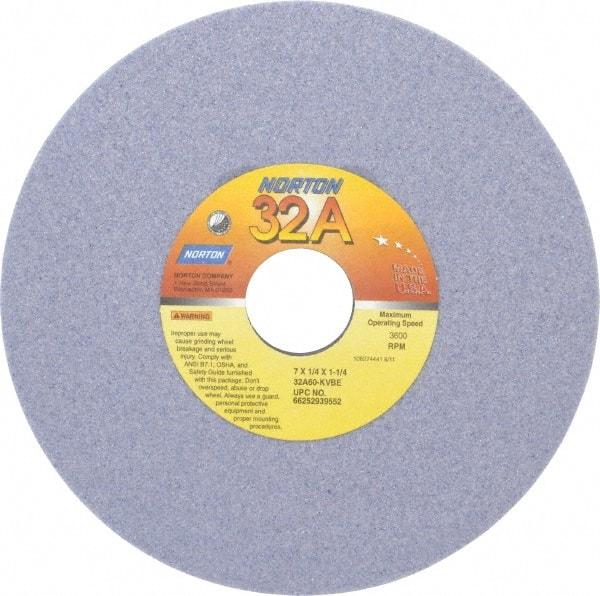 Norton - 7" Diam x 1-1/4" Hole x 1/4" Thick, K Hardness, 60 Grit Surface Grinding Wheel - Aluminum Oxide, Type 1, Medium Grade, 3,600 Max RPM, Vitrified Bond, No Recess - Exact Tool & Supply