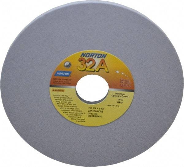 Norton - 7" Diam x 1-1/4" Hole x 1/4" Thick, I Hardness, 100 Grit Surface Grinding Wheel - Aluminum Oxide, Type 1, Fine Grade, 3,600 Max RPM, Vitrified Bond, No Recess - Exact Tool & Supply