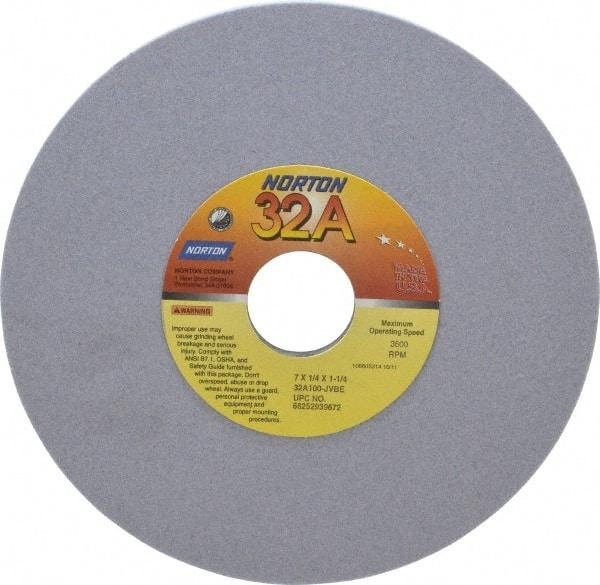 Norton - 7" Diam x 1-1/4" Hole x 1/4" Thick, J Hardness, 100 Grit Surface Grinding Wheel - Aluminum Oxide, Type 1, Fine Grade, 3,600 Max RPM, Vitrified Bond, No Recess - Exact Tool & Supply