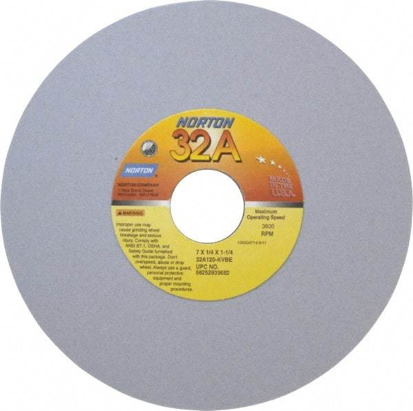 Norton - 7" Diam x 1-1/4" Hole x 1/4" Thick, K Hardness, 120 Grit Surface Grinding Wheel - Aluminum Oxide, Type 1, Fine Grade, 3,600 Max RPM, Vitrified Bond, No Recess - Exact Tool & Supply