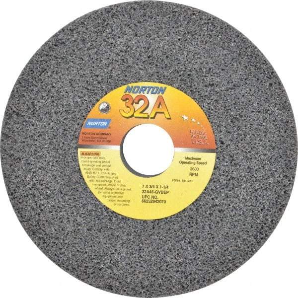Norton - 7" Diam x 1-1/4" Hole x 3/4" Thick, G Hardness, 46 Grit Surface Grinding Wheel - Aluminum Oxide, Type 1, Coarse Grade, 3,600 Max RPM, Vitrified Bond, No Recess - Exact Tool & Supply