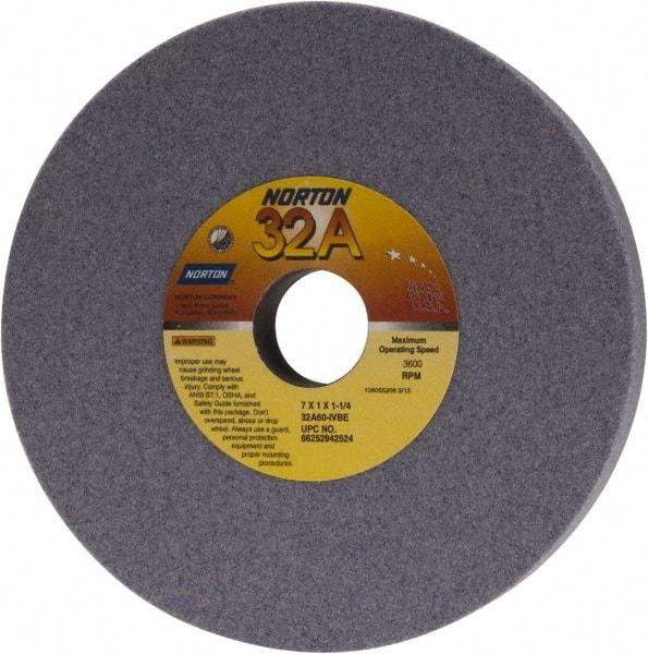 Norton - 7" Diam x 1-1/4" Hole x 1" Thick, I Hardness, 60 Grit Surface Grinding Wheel - Aluminum Oxide, Type 1, Medium Grade, 3,600 Max RPM, Vitrified Bond, No Recess - Exact Tool & Supply