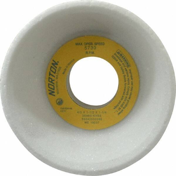 Norton - 4" Diam, 1-1/4" Hole Size, 1-1/2" Overall Thickness, 60 Grit, Type 11 Tool & Cutter Grinding Wheel - Medium Grade, Aluminum Oxide, K Hardness, Vitrified Bond, 5,730 RPM - Exact Tool & Supply
