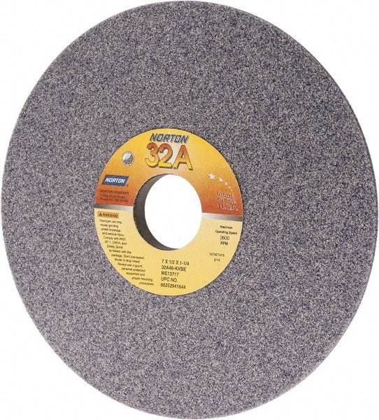 Norton - 7" Diam, 1-1/4" Hole Size, 1/2" Overall Thickness, 46 Grit, Type 12 Tool & Cutter Grinding Wheel - Coarse Grade, Aluminum Oxide, K Hardness, Vitrified Bond, 3,600 RPM - Exact Tool & Supply