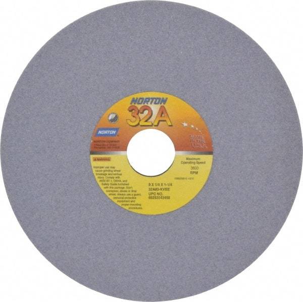 Norton - 8" Diam x 1-1/4" Hole x 1/4" Thick, K Hardness, 80 Grit Surface Grinding Wheel - Aluminum Oxide, Type 1, Medium Grade, 3,600 Max RPM, Vitrified Bond, No Recess - Exact Tool & Supply