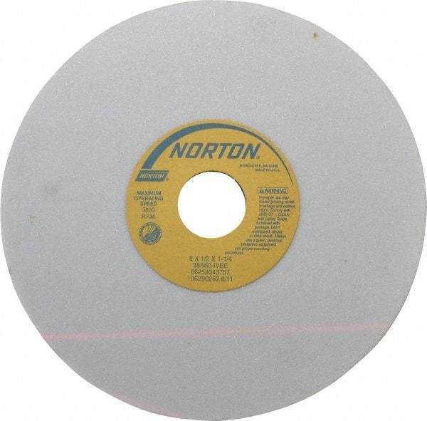 Norton - 8" Diam x 1-1/4" Hole x 1/2" Thick, I Hardness, 60 Grit Surface Grinding Wheel - Aluminum Oxide, Type 1, Medium Grade, 3,600 Max RPM, Vitrified Bond, No Recess - Exact Tool & Supply