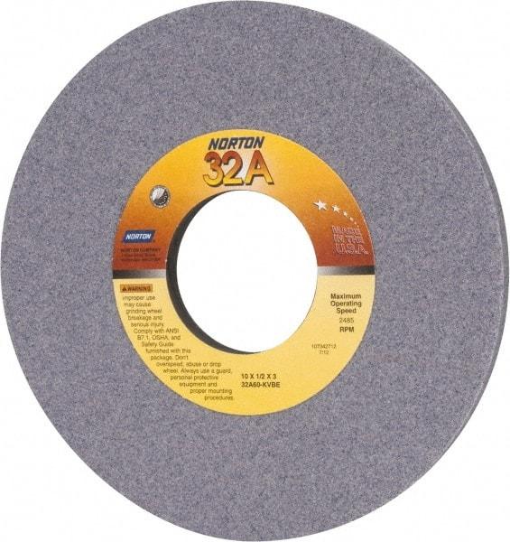 Norton - 10" Diam x 3" Hole x 1/2" Thick, K Hardness, 60 Grit Surface Grinding Wheel - Aluminum Oxide, Type 1, Medium Grade, 2,485 Max RPM, Vitrified Bond, No Recess - Exact Tool & Supply