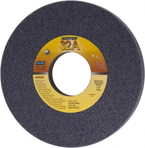 Norton - 10" Diam x 3" Hole x 1" Thick, H Hardness, 46 Grit Surface Grinding Wheel - Aluminum Oxide, Type 1, Coarse Grade, 2,485 Max RPM, Vitrified Bond, No Recess - Exact Tool & Supply