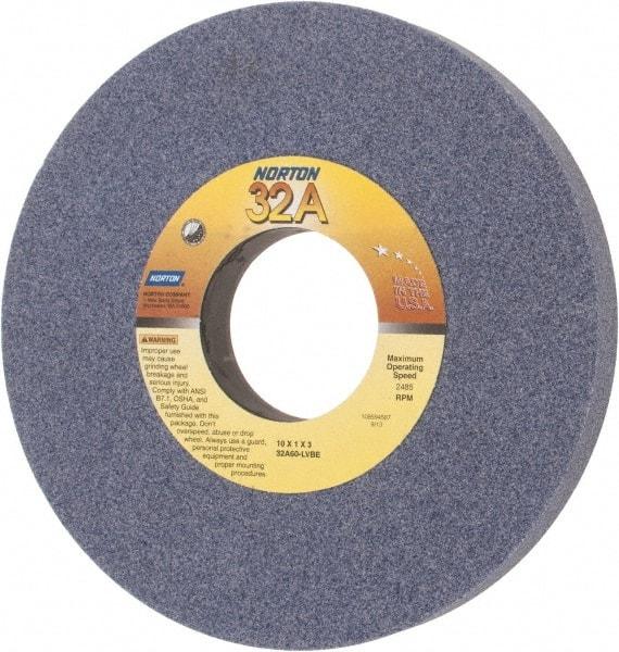 Norton - 10" Diam x 3" Hole x 1" Thick, L Hardness, 60 Grit Surface Grinding Wheel - Aluminum Oxide, Type 1, Medium Grade, 2,485 Max RPM, Vitrified Bond, No Recess - Exact Tool & Supply