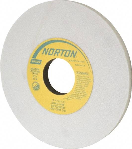 Norton - 12" Diam x 3" Hole x 3/4" Thick, J Hardness, 46 Grit Surface Grinding Wheel - Aluminum Oxide, Type 1, Coarse Grade, 2,070 Max RPM, Vitrified Bond, No Recess - Exact Tool & Supply