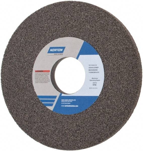 Norton - 12" Diam x 3" Hole x 3/4" Thick, G Hardness, 46 Grit Surface Grinding Wheel - Aluminum Oxide, Type 1, Coarse Grade, 2,070 Max RPM, Vitrified Bond, No Recess - Exact Tool & Supply
