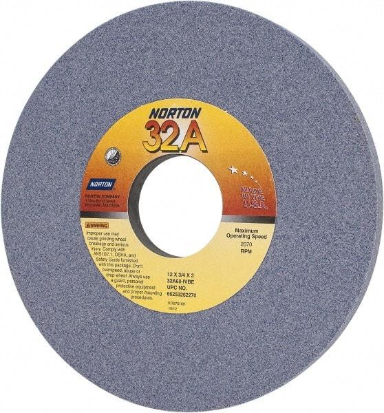 Norton - 12" Diam x 3" Hole x 3/4" Thick, I Hardness, 60 Grit Surface Grinding Wheel - Aluminum Oxide, Type 1, Medium Grade, 2,070 Max RPM, Vitrified Bond, No Recess - Exact Tool & Supply