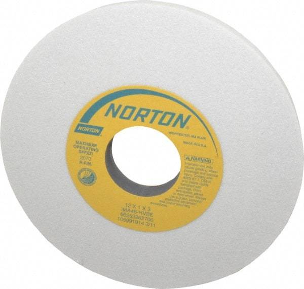 Norton - 12" Diam x 3" Hole x 1" Thick, H Hardness, 46 Grit Surface Grinding Wheel - Aluminum Oxide, Type 1, Coarse Grade, 2,070 Max RPM, Vitrified Bond, No Recess - Exact Tool & Supply