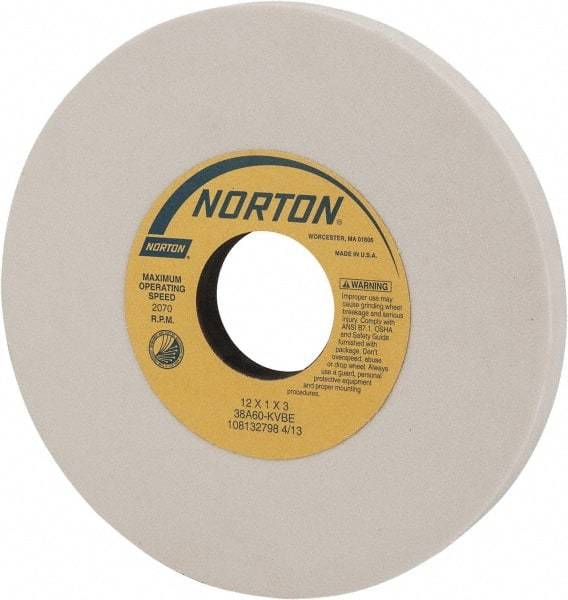 Norton - 12" Diam x 3" Hole x 1" Thick, K Hardness, 60 Grit Surface Grinding Wheel - Aluminum Oxide, Type 1, Medium Grade, 2,070 Max RPM, Vitrified Bond, No Recess - Exact Tool & Supply