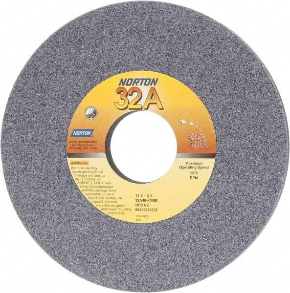 Norton - 12" Diam x 3" Hole x 1" Thick, K Hardness, 46 Grit Surface Grinding Wheel - Aluminum Oxide, Type 1, Coarse Grade, 2,070 Max RPM, Vitrified Bond, No Recess - Exact Tool & Supply