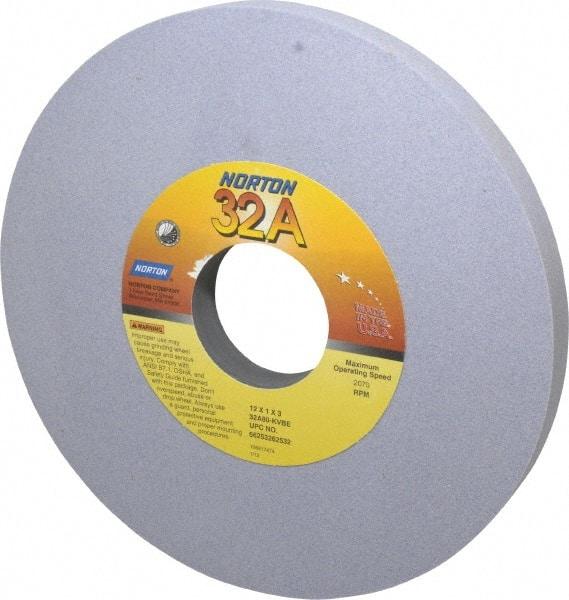 Norton - 12" Diam x 3" Hole x 1" Thick, K Hardness, 80 Grit Surface Grinding Wheel - Aluminum Oxide, Type 1, Medium Grade, 2,070 Max RPM, Vitrified Bond, No Recess - Exact Tool & Supply
