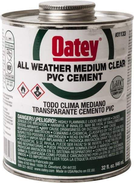 Oatey - 32 oz All-Purpose Medium Bodied Cement - Clear, Use with PVC - Exact Tool & Supply