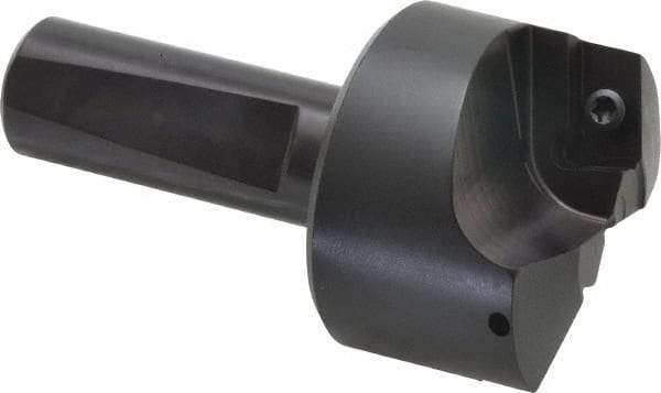 Kyocera - 75° Lead Angle, 1.8" Max Cut Diam, 0.69" Min Cut Diam, 0.158" Max Depth of Cut, Indexable Chamfer and Angle End Mill - Holds 2 Inserts, APET 1604 Insert Style, 3-1/4" Overall Length, Straight Shank, 150° Included Angle - Exact Tool & Supply