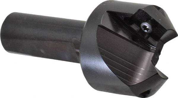 Kyocera - 45° Lead Angle, 1.65" Max Cut Diam, 0.8" Min Cut Diam, 0.44" Max Depth of Cut, Indexable Chamfer and Angle End Mill - 2 Inserts, APET 1604 Insert Style, 3-1/4" Overall Length, Straight Shank, 90° Included Angle - Exact Tool & Supply