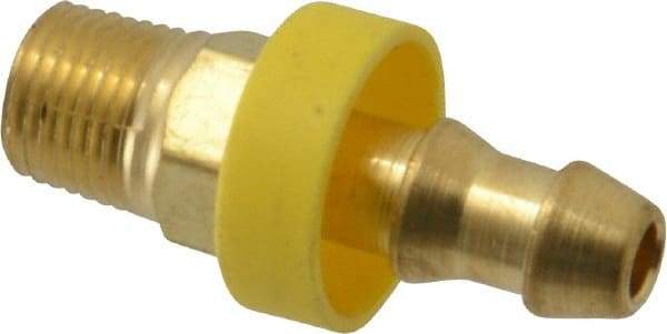 Eaton - 1/4" ID 1/8-27 NPT Barbed Push On Male Connector - 11/16" Cut Off Allowance, 1.29" Long, 7/16" Hex, Brass - Exact Tool & Supply