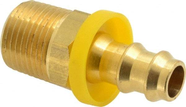 Eaton - 3/8" ID 3/8-18 NPT Barbed Push On Male Connector - 7/8" Cut Off Allowance, 1.65" Long, 11/16" Hex, Brass - Exact Tool & Supply