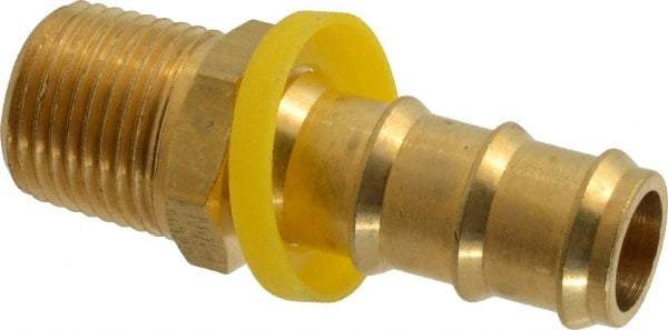 Eaton - 5/8" ID 1/2-14 NPT Barbed Push On Male Connector - 1-3/16" Cut Off Allowance, 2.6" Long, 7/8" Hex, Brass - Exact Tool & Supply