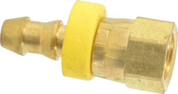 Eaton - 1/4" ID 7/16-20 UNF Barbed Push On Female JIC 37/SAE 45 Swivel Connector - 3/4" Cut Off Allowance, 1.38" Long, 9/16" Hex, Brass - Exact Tool & Supply