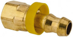 Eaton - 3/8" ID 9/16-18 UNF Barbed Push On Female JIC 37 Swivel Connector - 7/8" Cut Off Allowance, 1.62" Long, 11/16" Hex, Brass - Exact Tool & Supply